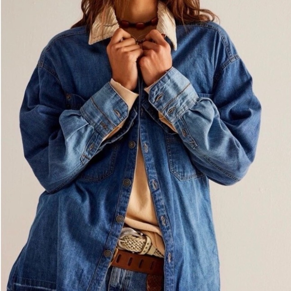 Free People Highland Hiker Top Denim We The Free Cord Collar Frayed Blue S NEW - Picture 1 of 7